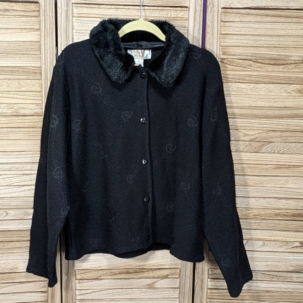 Tally Ho Sweater with Removable Fur Collar 100% Wool Black VINTAGE Size XL